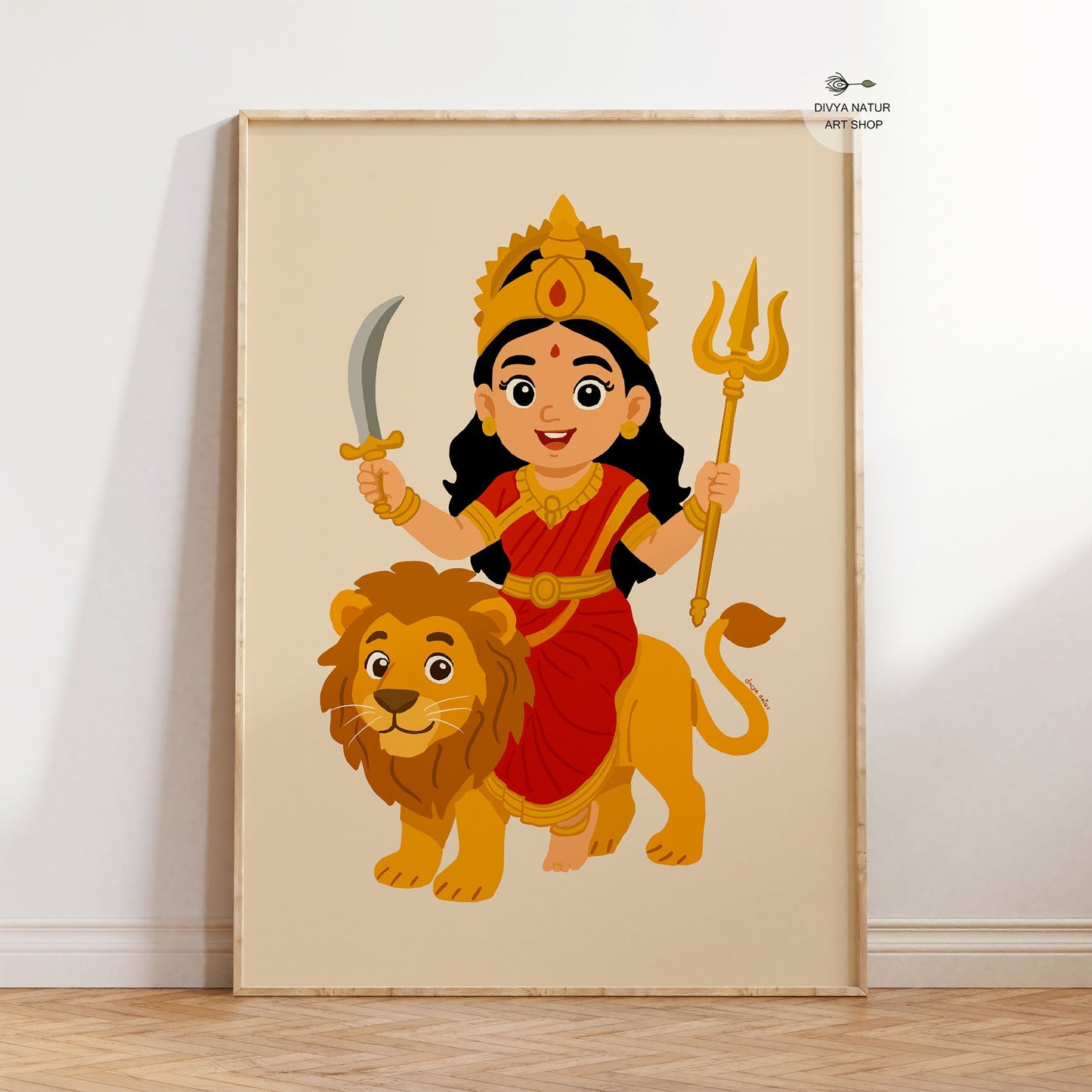 Cute Baby Durga riding a lion, holding sword and trishul, symbol of courage and divine power.