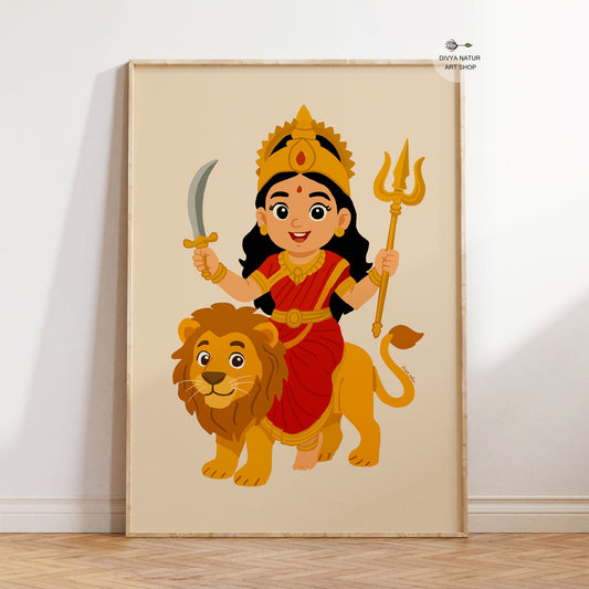 Cute Baby Durga riding a lion, holding sword and trishul, symbol of courage and divine power.