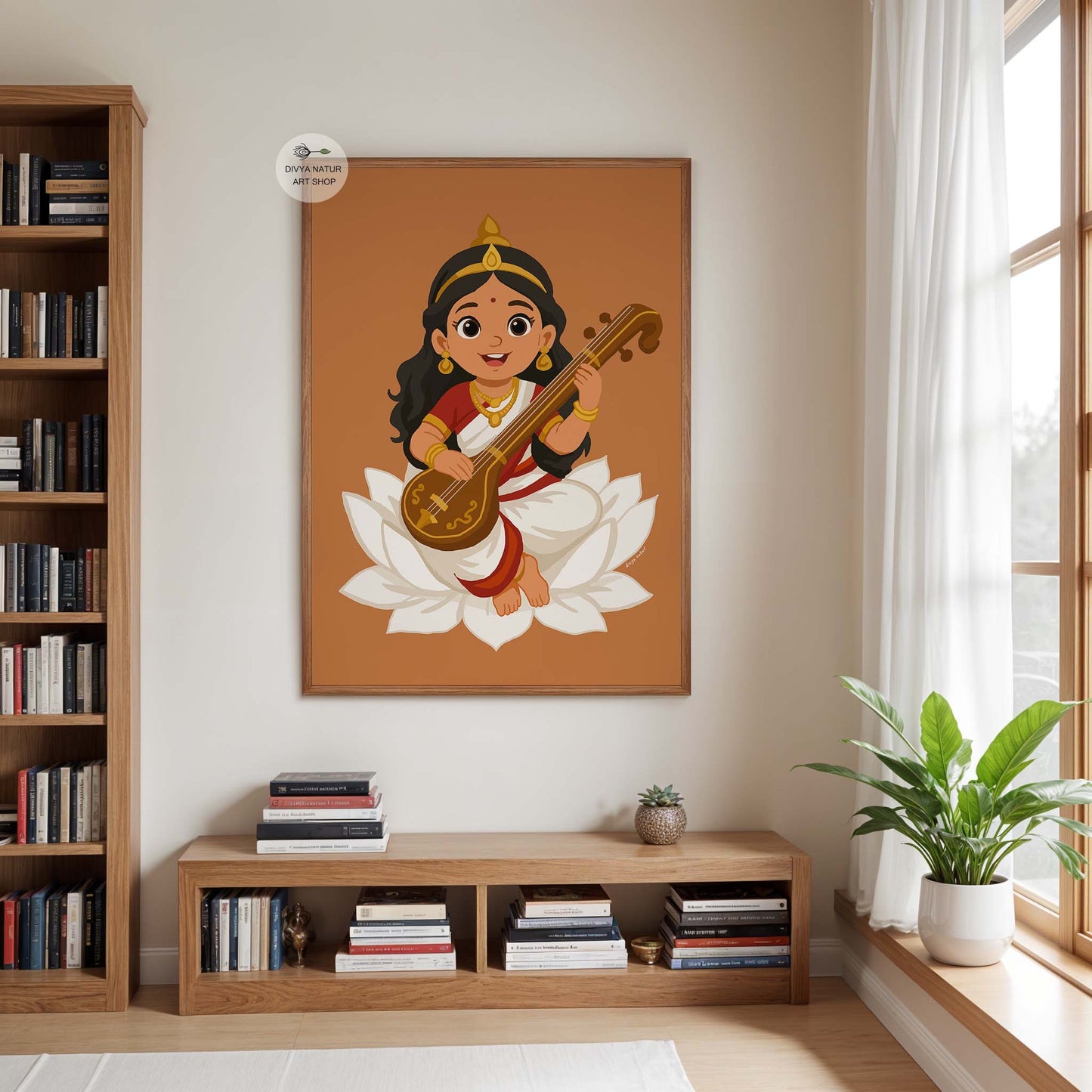 Goddess Saraswati wall decor illustration for temple, living room, or meditation space