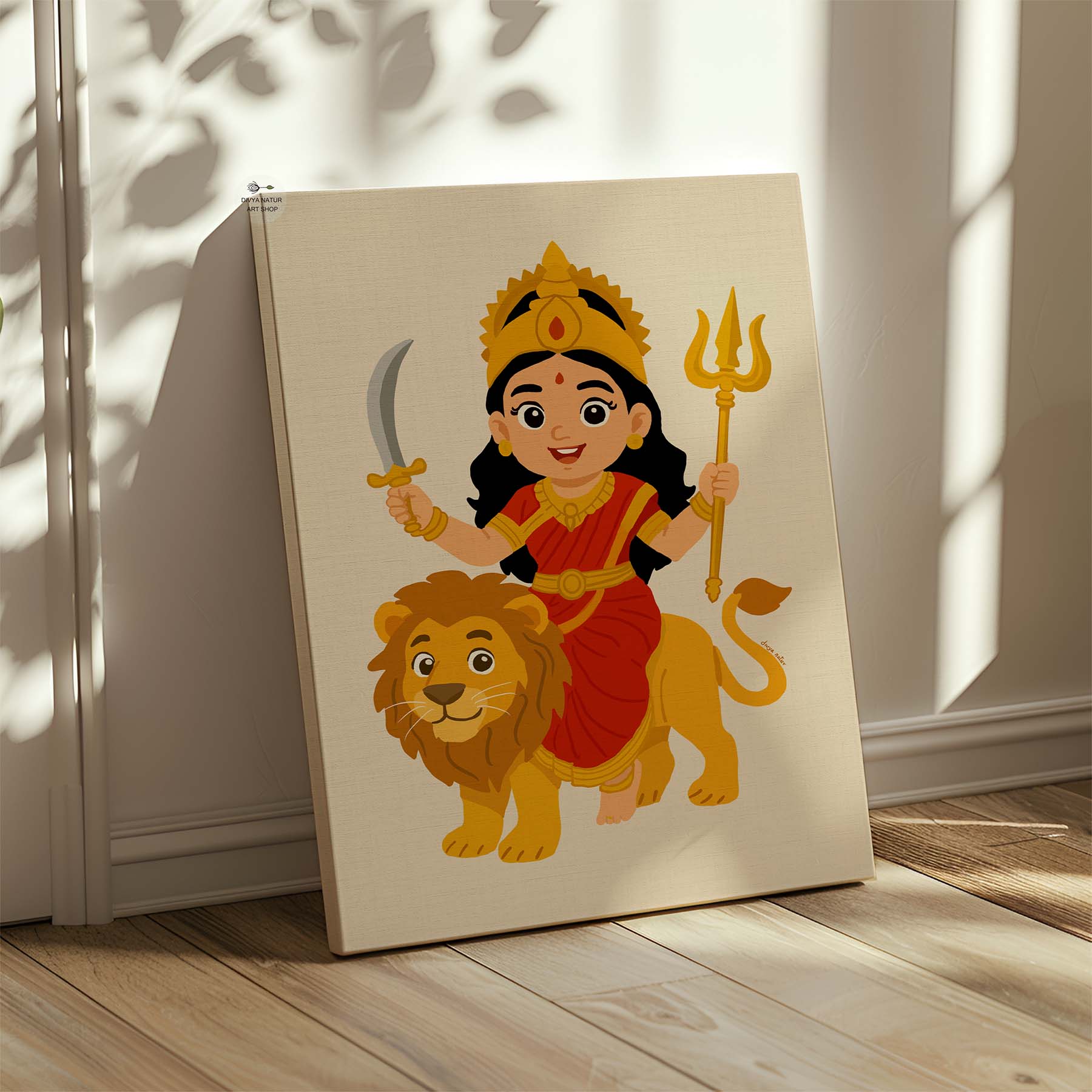 Canvas print of baby durga  with a lion on a wooden floor.