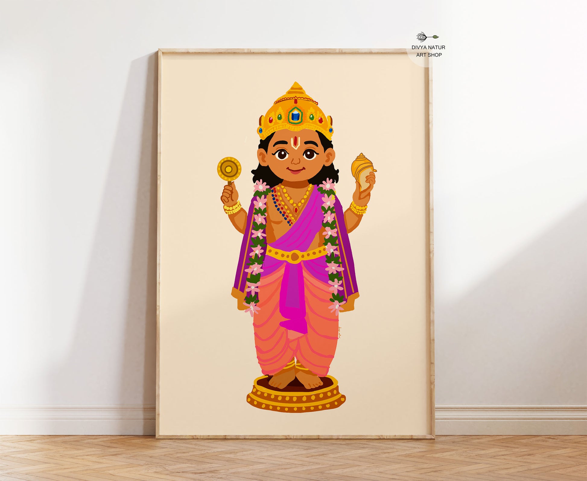Hand illustrated Baby Venkateshwara wall art inspired by Tirupati Balaji