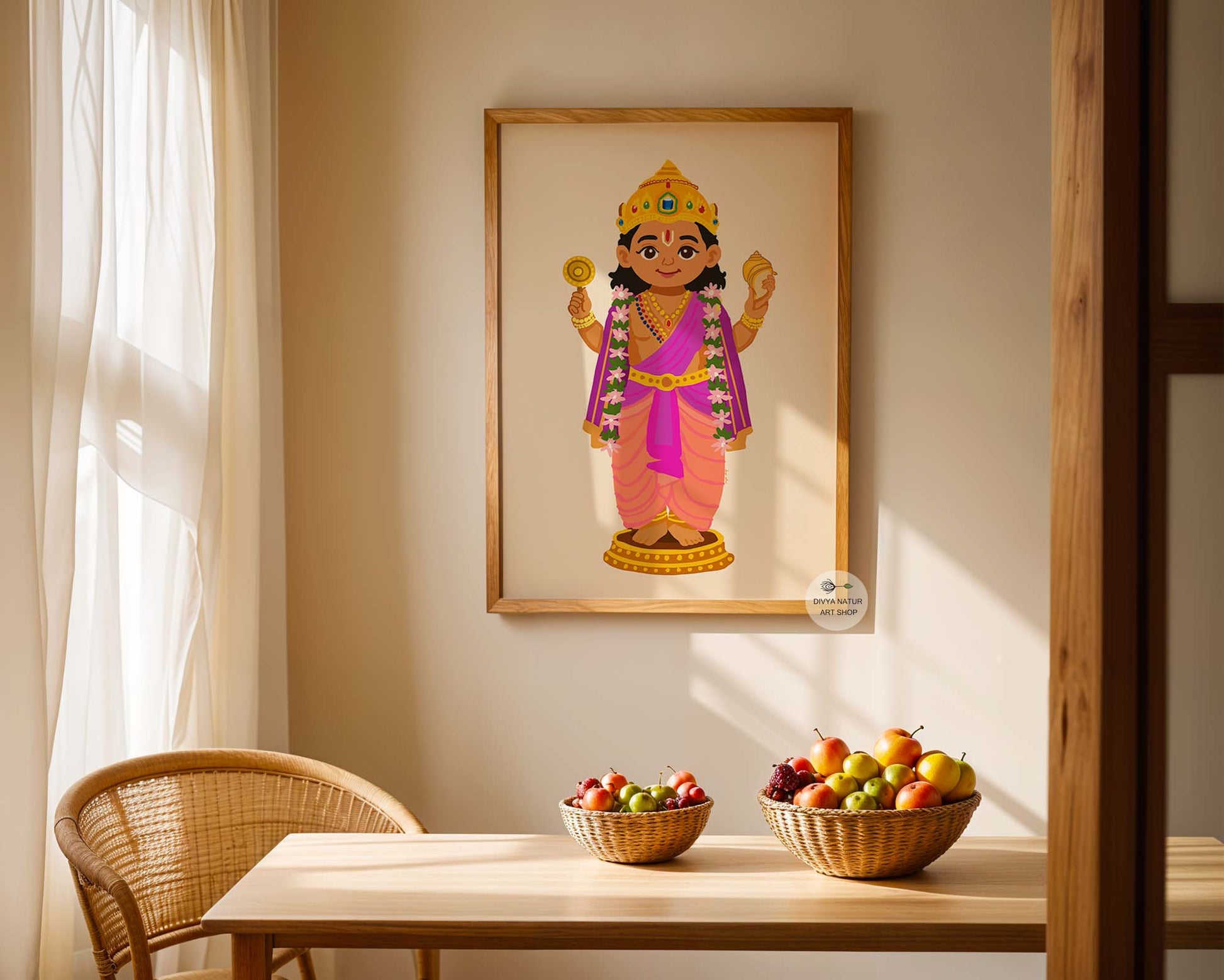 Cultural Indian nursery artwork with Venkateshwara holding chakra and conch