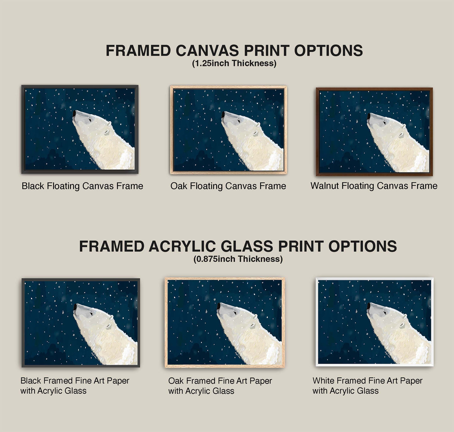 Comparison of framed canvas and acrylic glass print options with polar bear images.