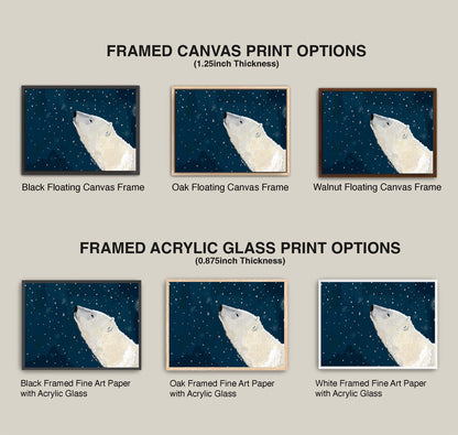 Comparison of framed canvas and acrylic glass print options with polar bear images.