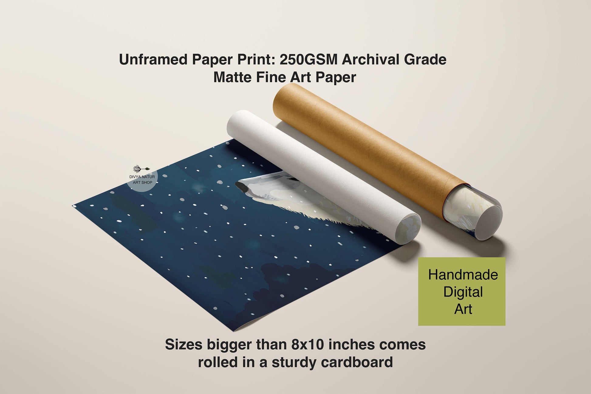 Unframed paper print with a roll of matte fine art paper on a beige background