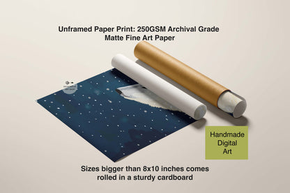 Unframed paper print with a roll of matte fine art paper on a beige background
