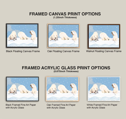 Comparison of framed canvas and acrylic glass print options with polar bear images.