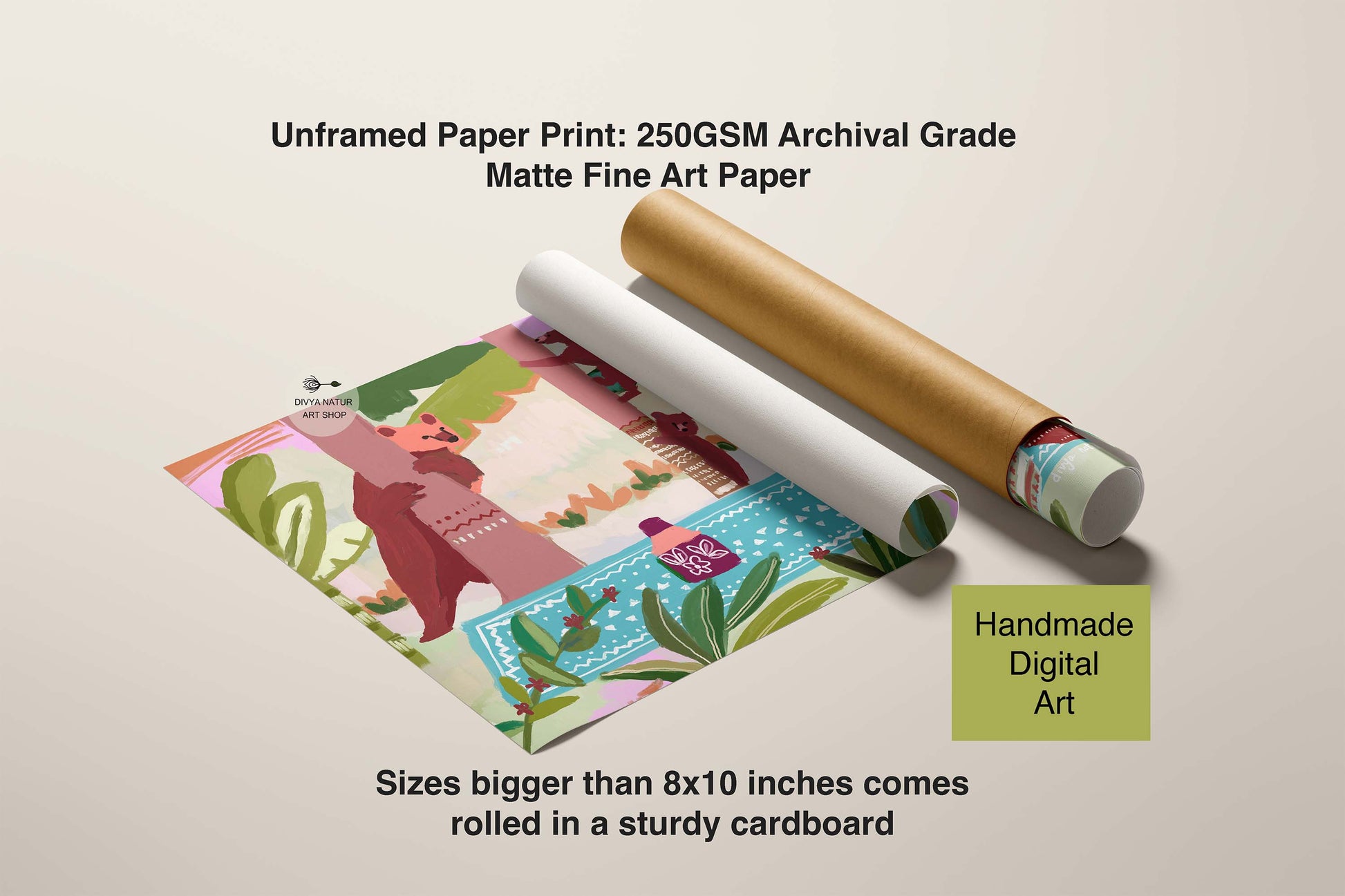 Unframed paper print with a colorful design, rolled in cardboard on a beige background.