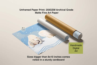 Unframed paper print with a cardboard roll on a beige background, featuring handmade digital art.