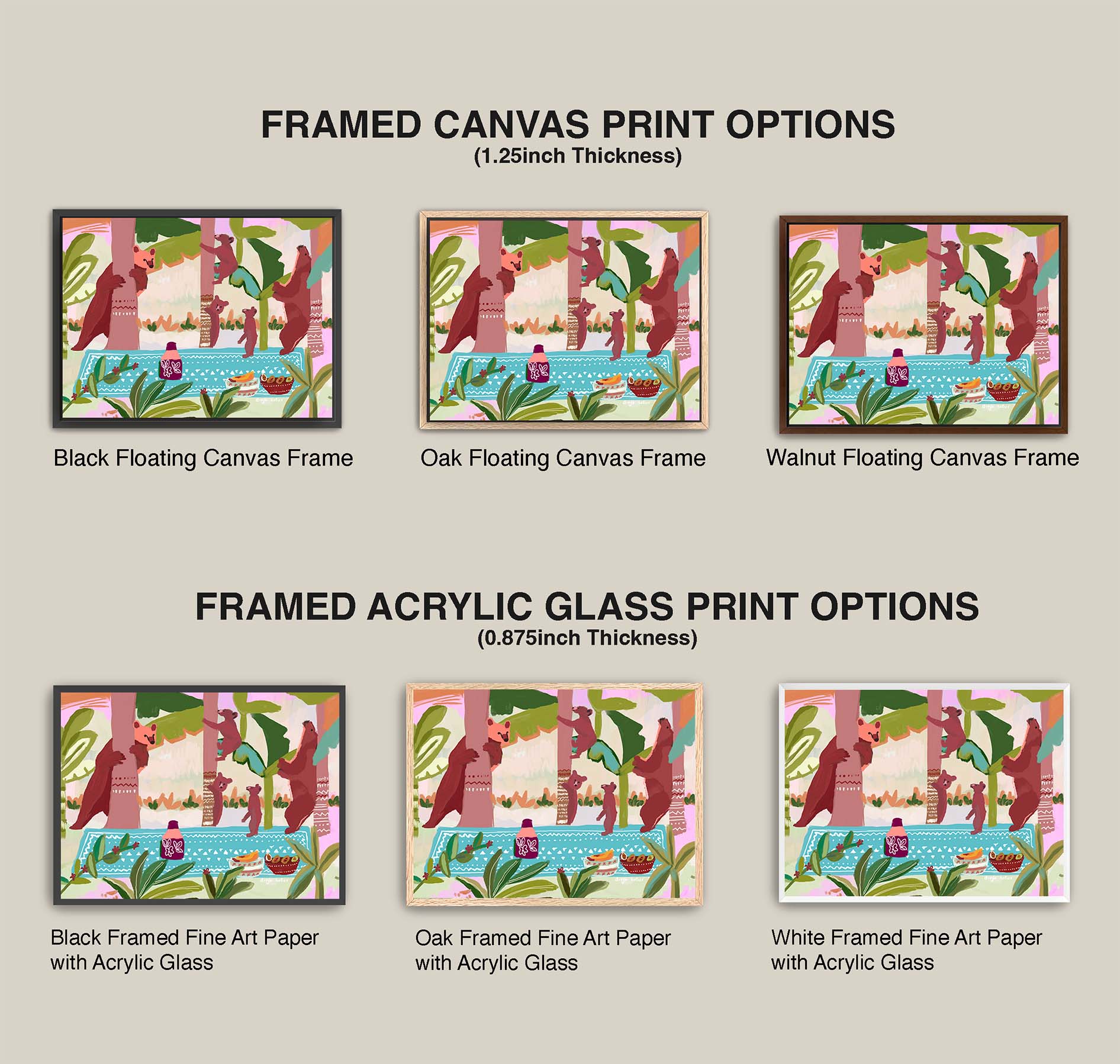 Comparison of framed canvas and acrylic glass print options on a neutral background