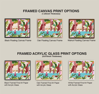 Comparison of framed canvas and acrylic glass print options on a neutral background