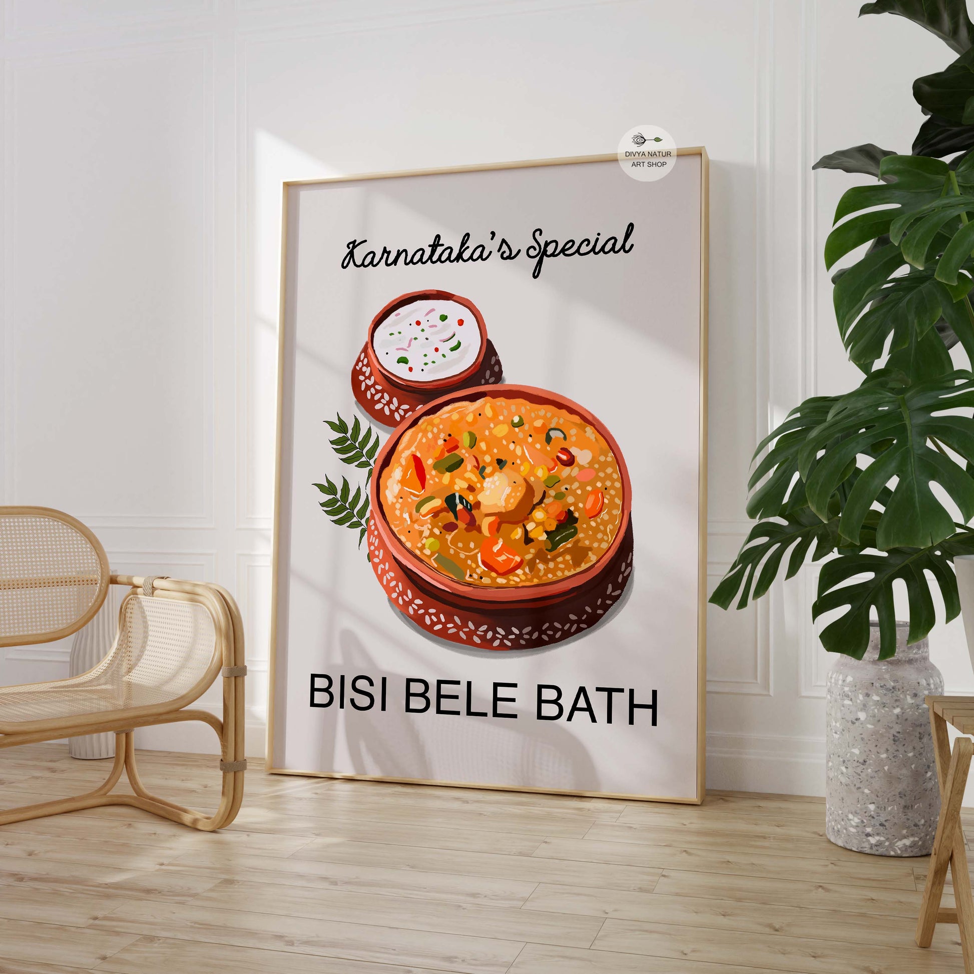 Vibrant food illustration of rice and lentil dish Bisi Bele Bath.