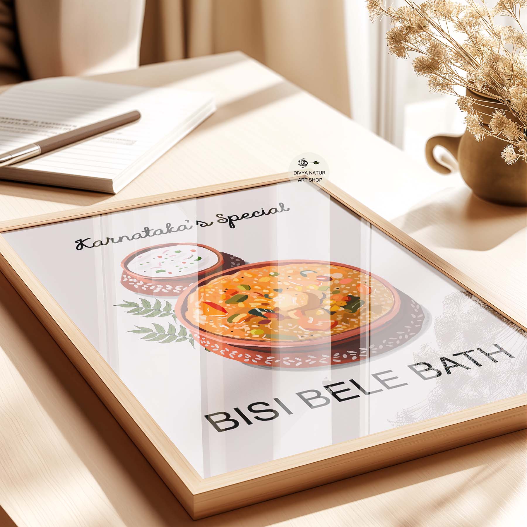 Indian food art showing Bisi Bele Bath with aromatic spices.
