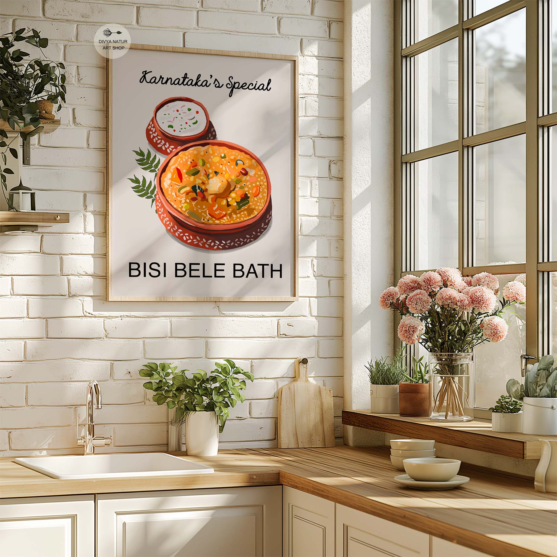 South Indian dish digital art featuring rice, lentils, and vegetables.