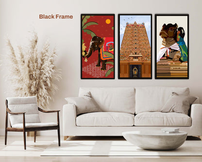 68x42 framed canvas set with Meenakshi Amman in Sannidhanam, temple elephant, and Nandi dev.