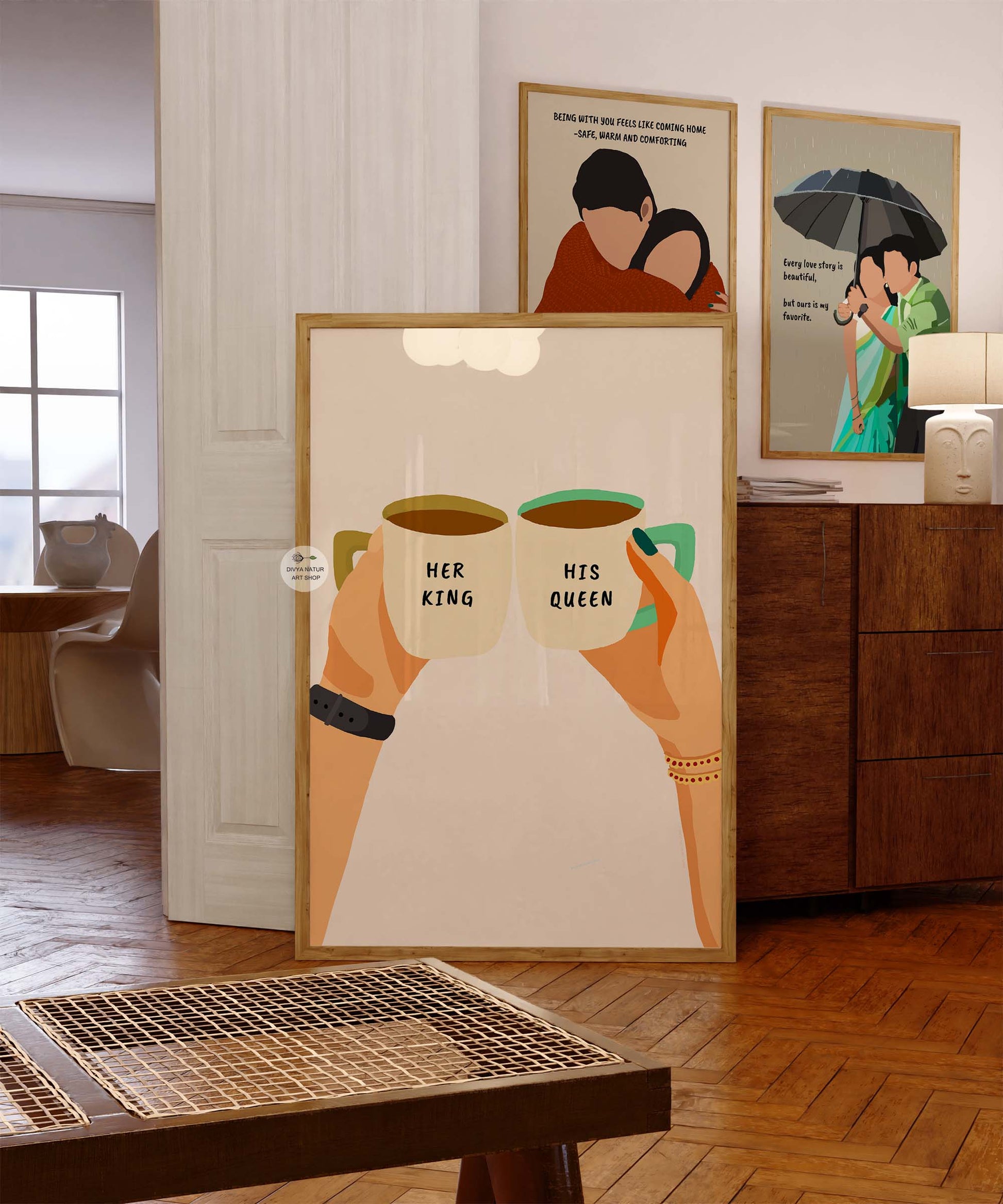 Romantic couple art featuring coffee mugs with love inscriptions.