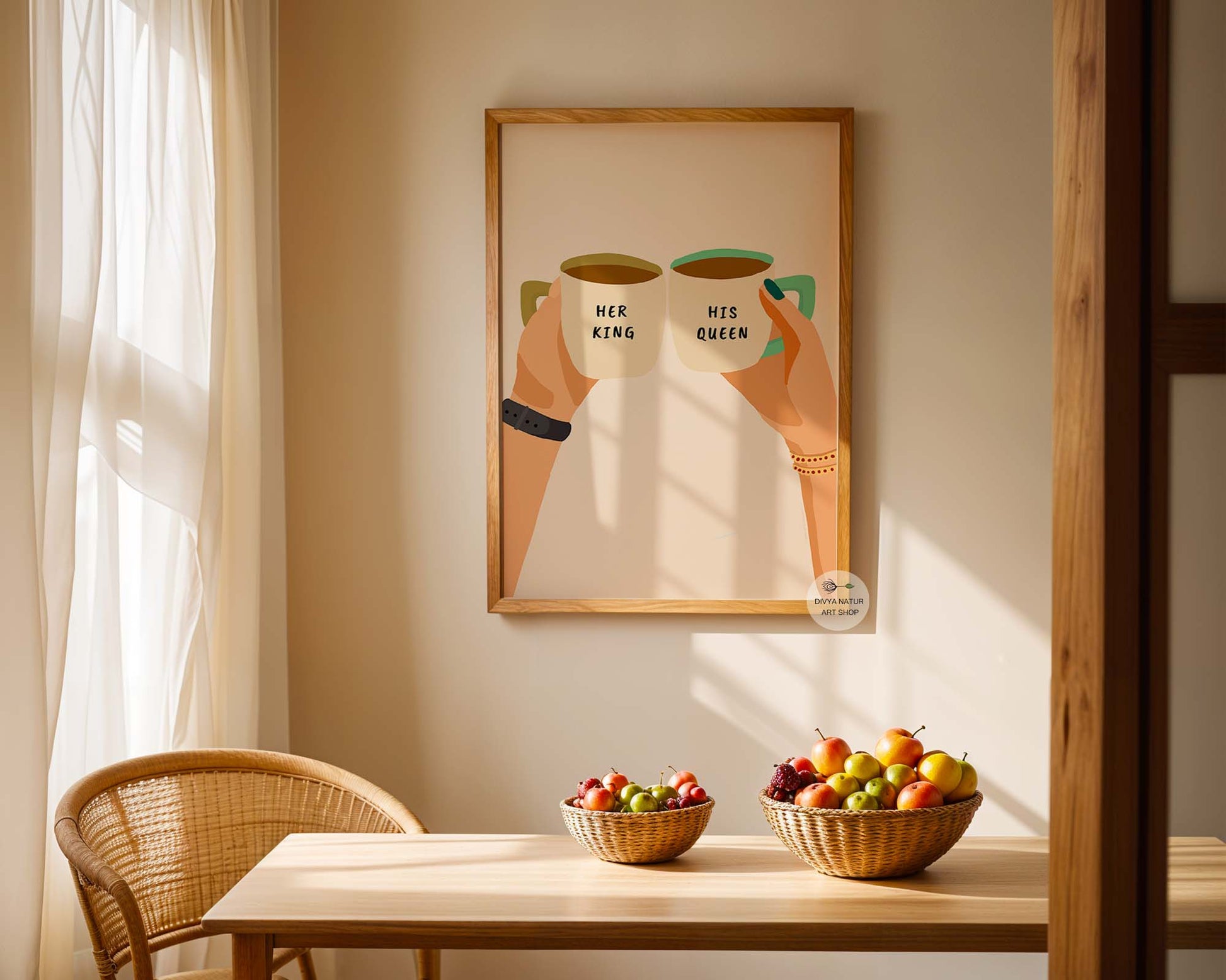 "Her King" and "His Queen" coffee mugs artwork celebrating love.
