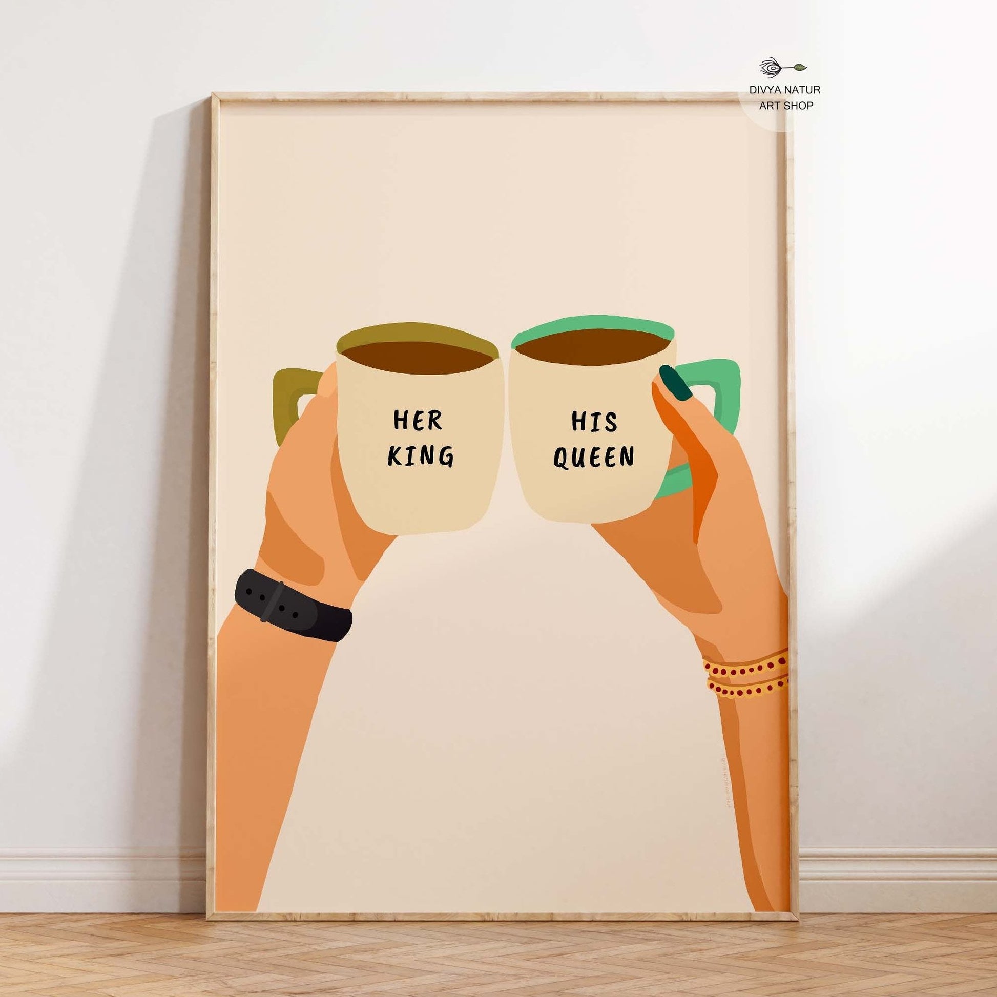 Indian couple holding coffee mugs with "Her King" and "His Queen" text.