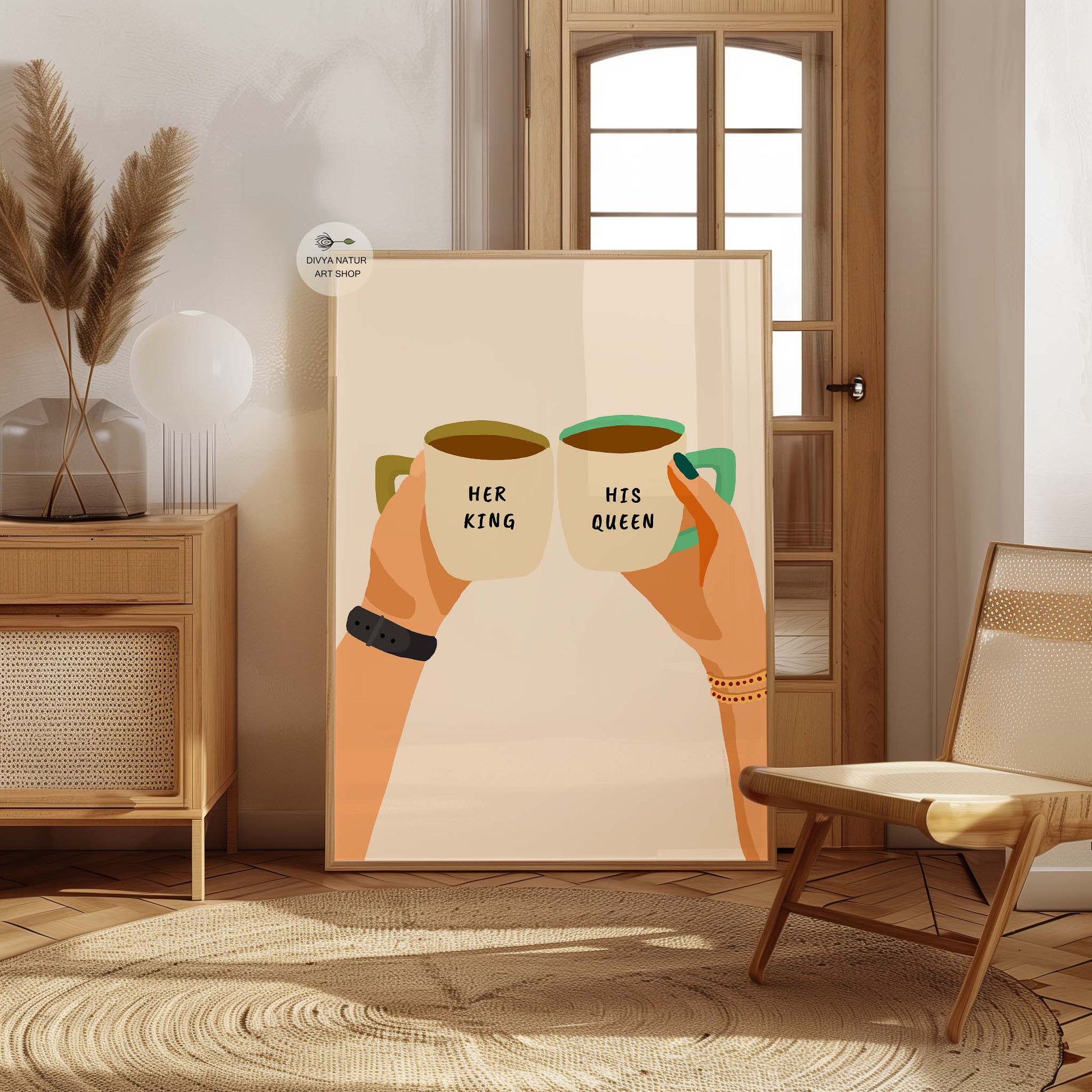 King and queen coffee mug illustration celebrating partnership and love.