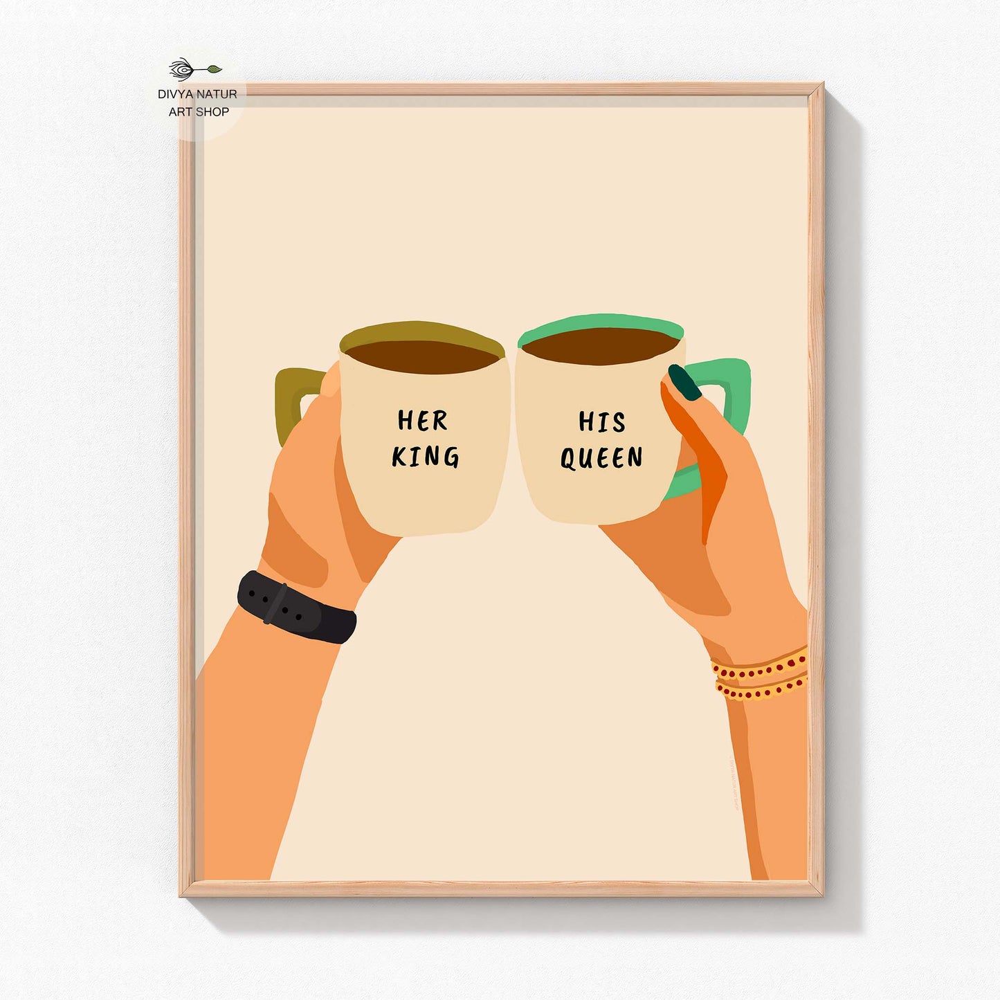 Romantic art print featuring a royal couple's hands with coffee mugs.