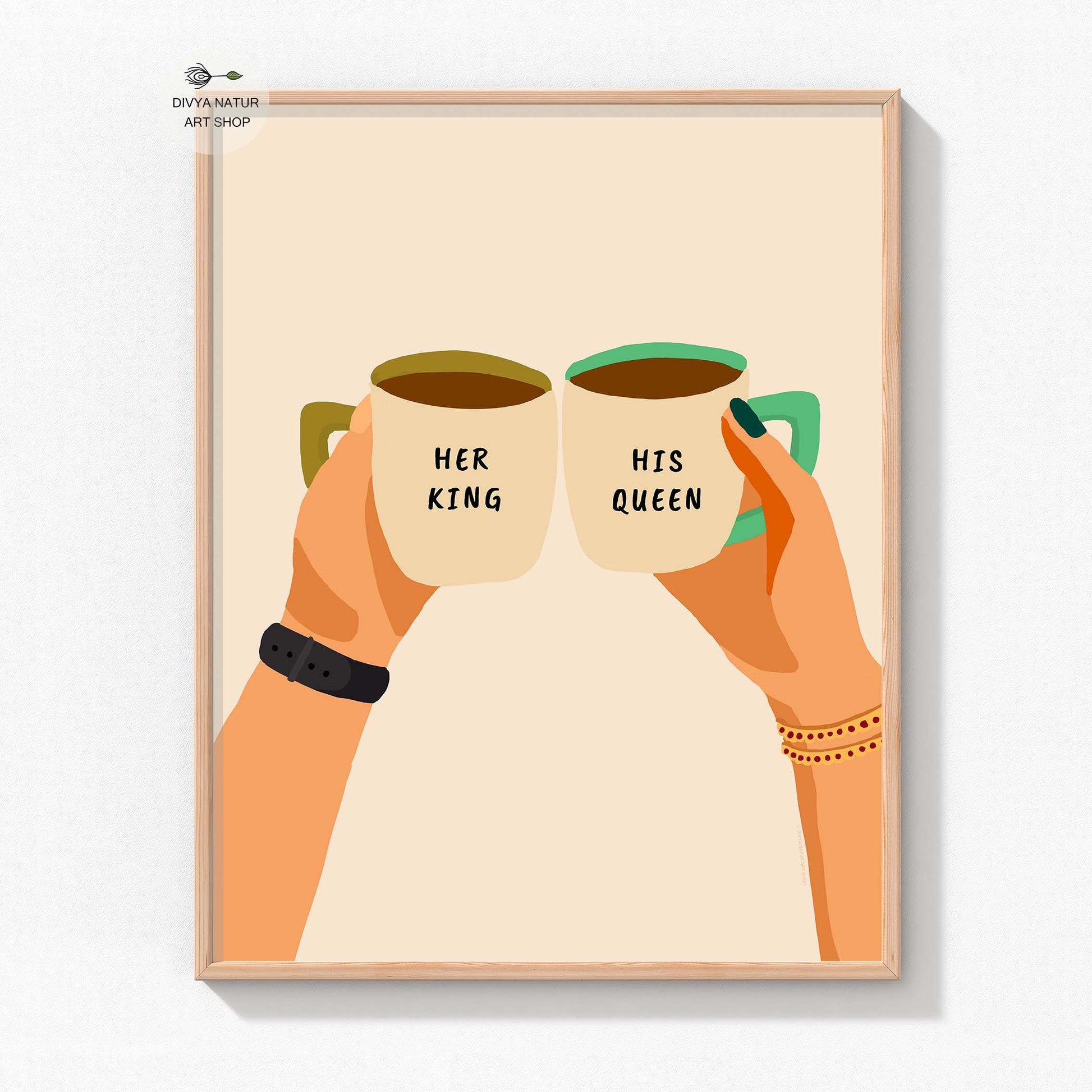 Romantic art print featuring a royal couple's hands with coffee mugs.