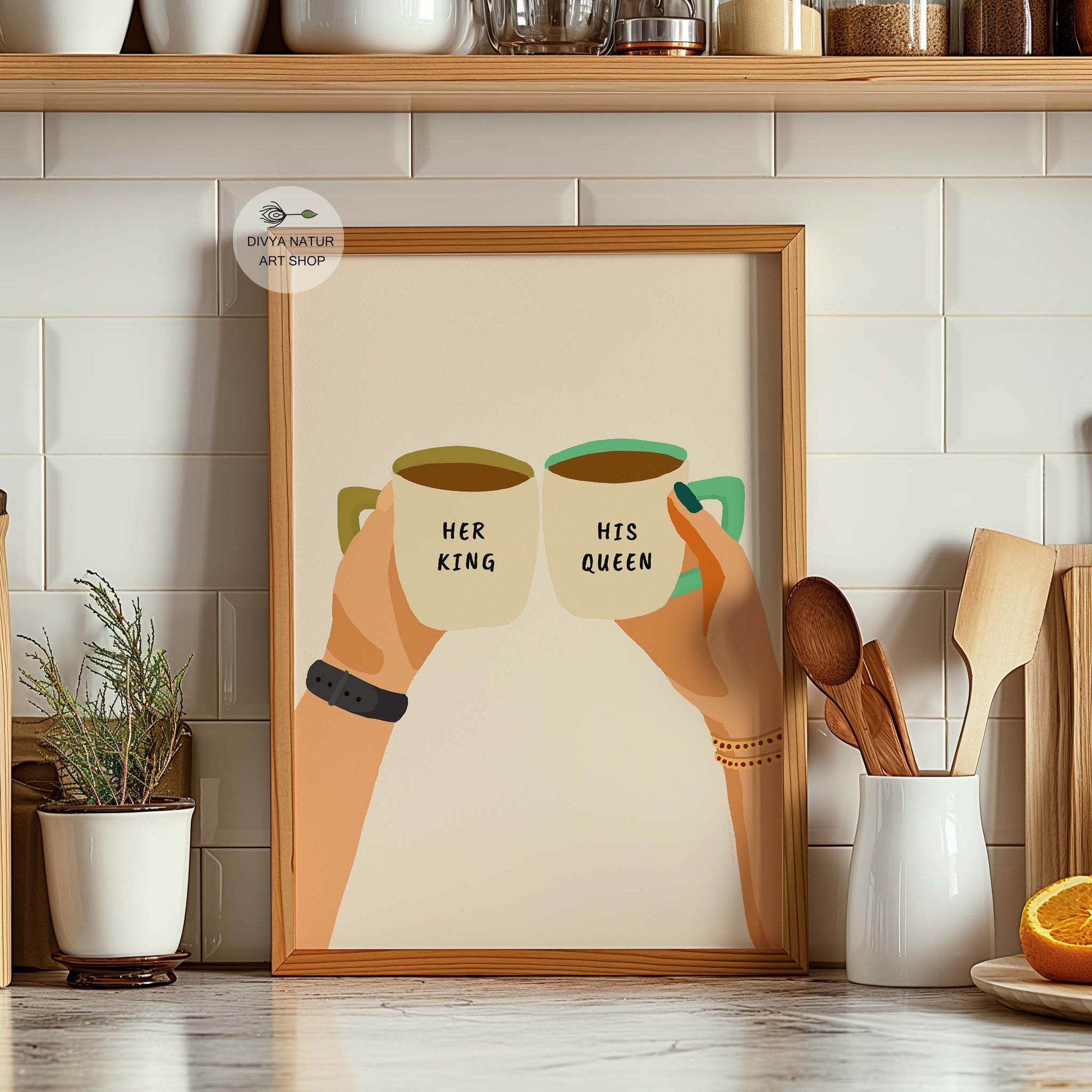 Modern artwork of an Indian couple, featuring intricate jewelry and love mugs.