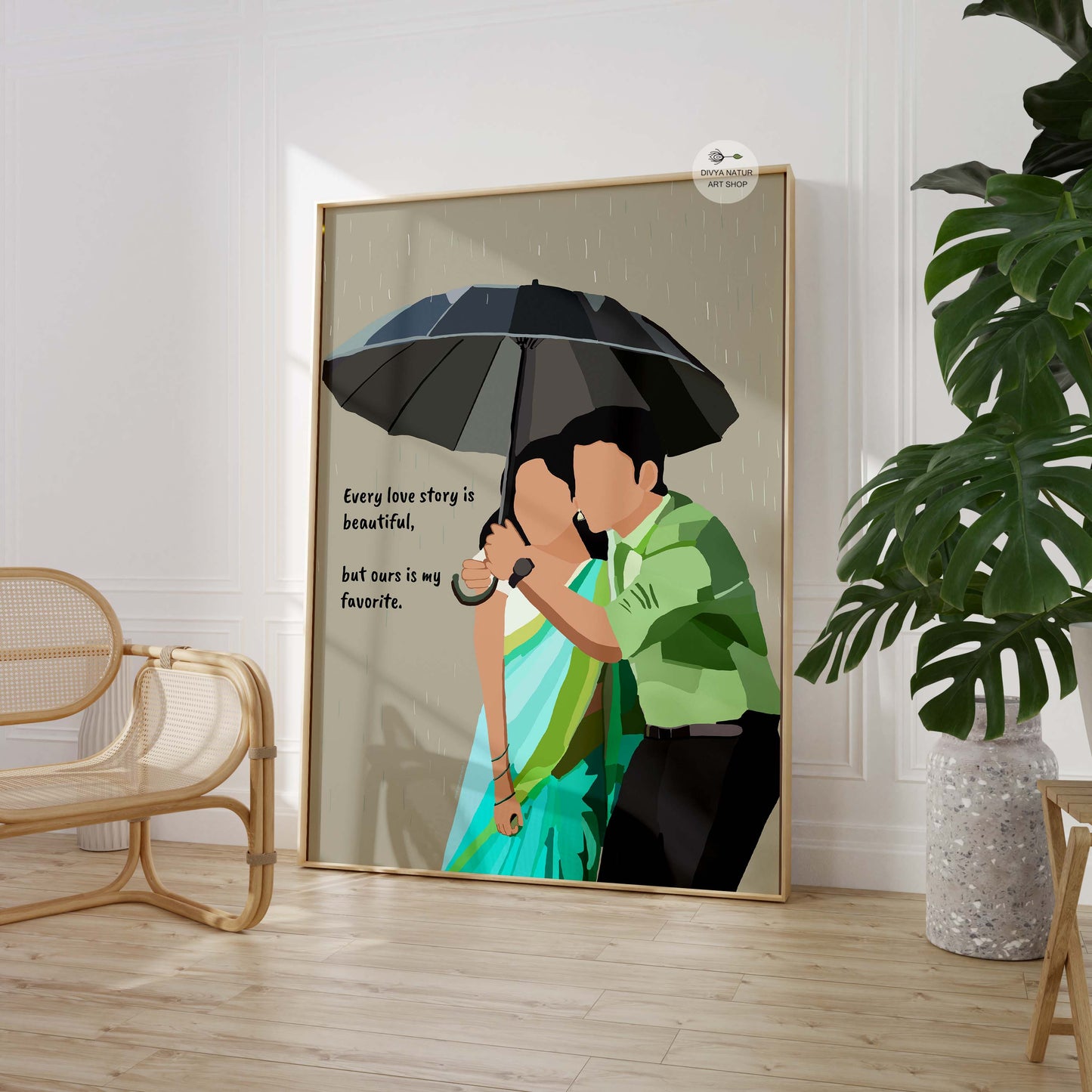 Couple-themed rain scene illustration with Indian charm.