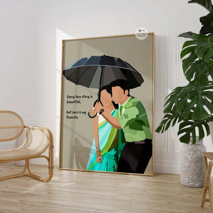 Couple-themed rain scene illustration with Indian charm.