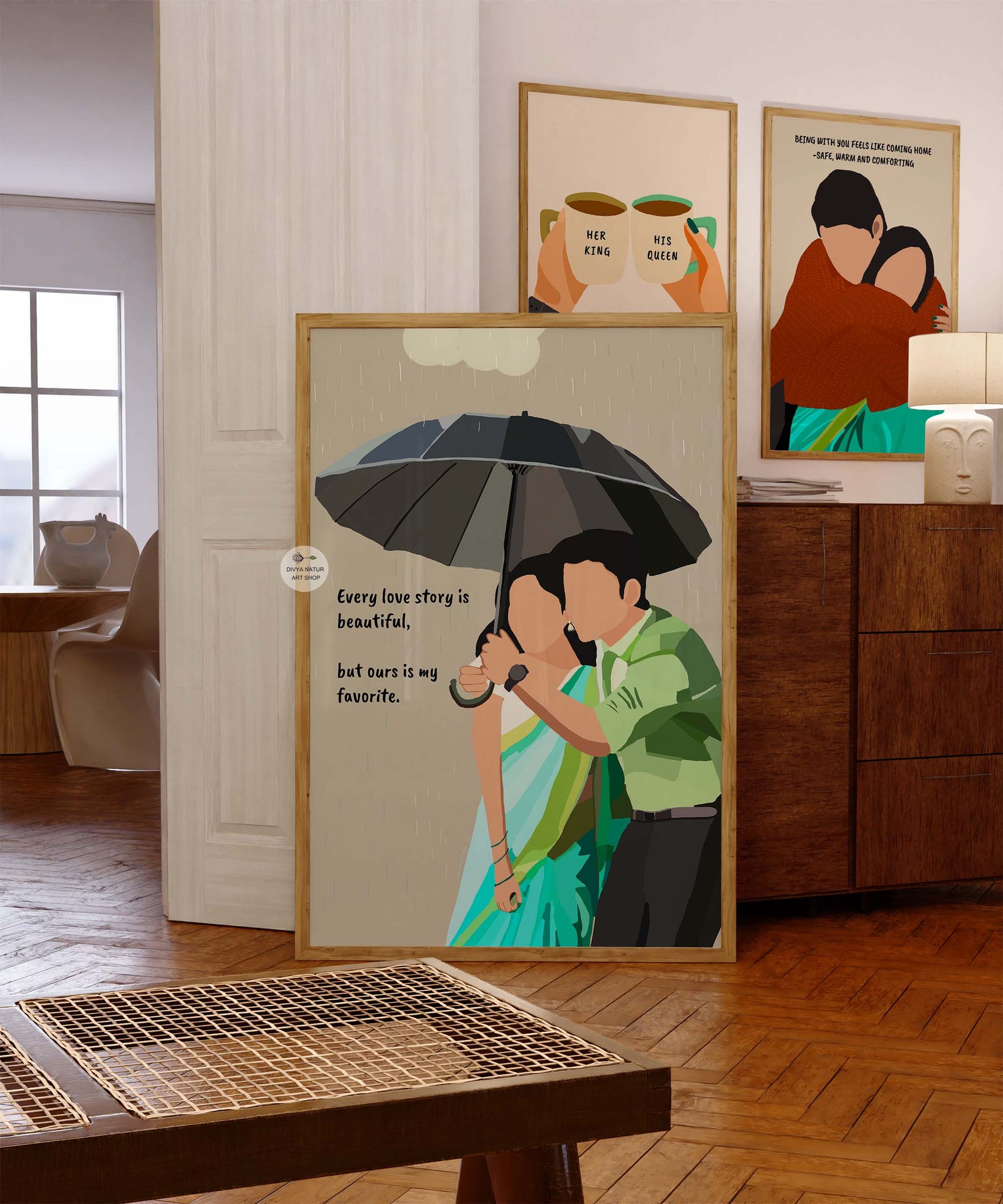 Romantic couple art featuring the quote, "Every love story is beautiful."