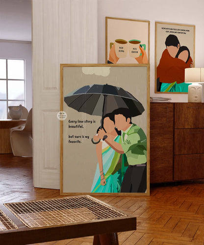 Romantic couple art featuring the quote, "Every love story is beautiful."