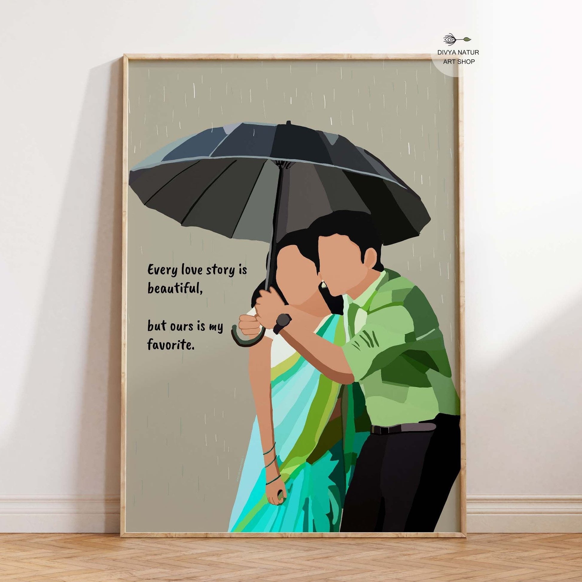Indian couple sharing an umbrella in the rain, romantic artwork.
