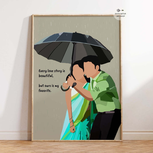 Indian couple sharing an umbrella in the rain, romantic artwork.
