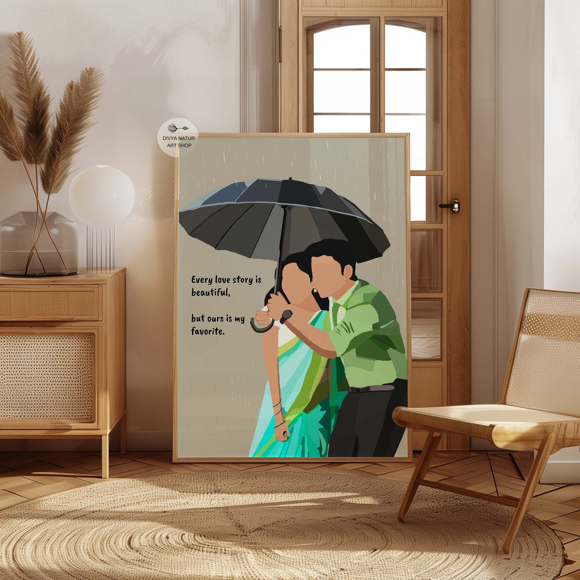 Heartwarming art print with a love quote about unique love stories.