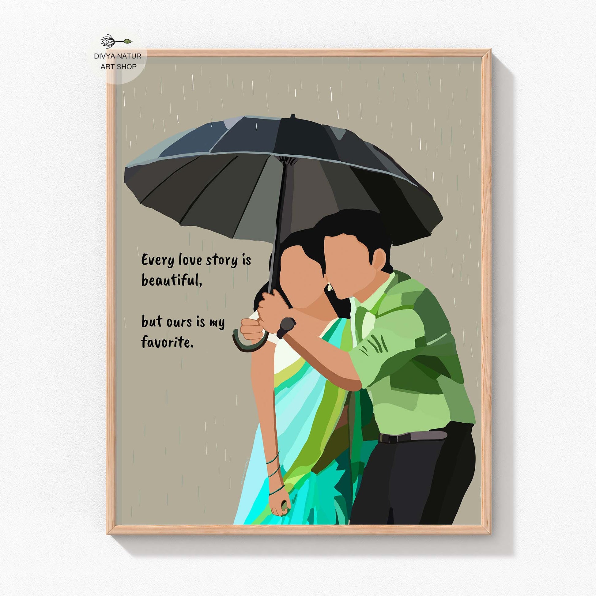 Couple sharing an umbrella illustration celebrating love and simplicity.
