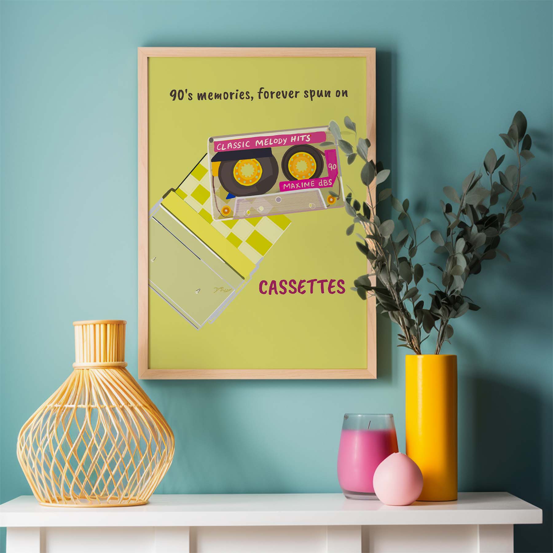 90s cassette art print celebrating retro music tapes for wall decor
