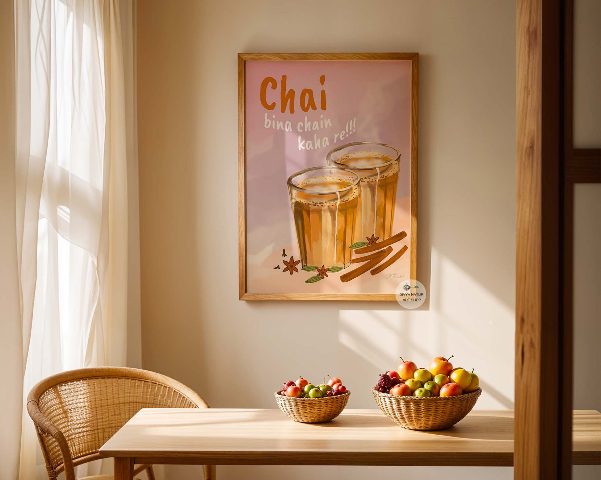 Fun chai lover poster with Indian tea glasses and spices like cinnamon and star anise.