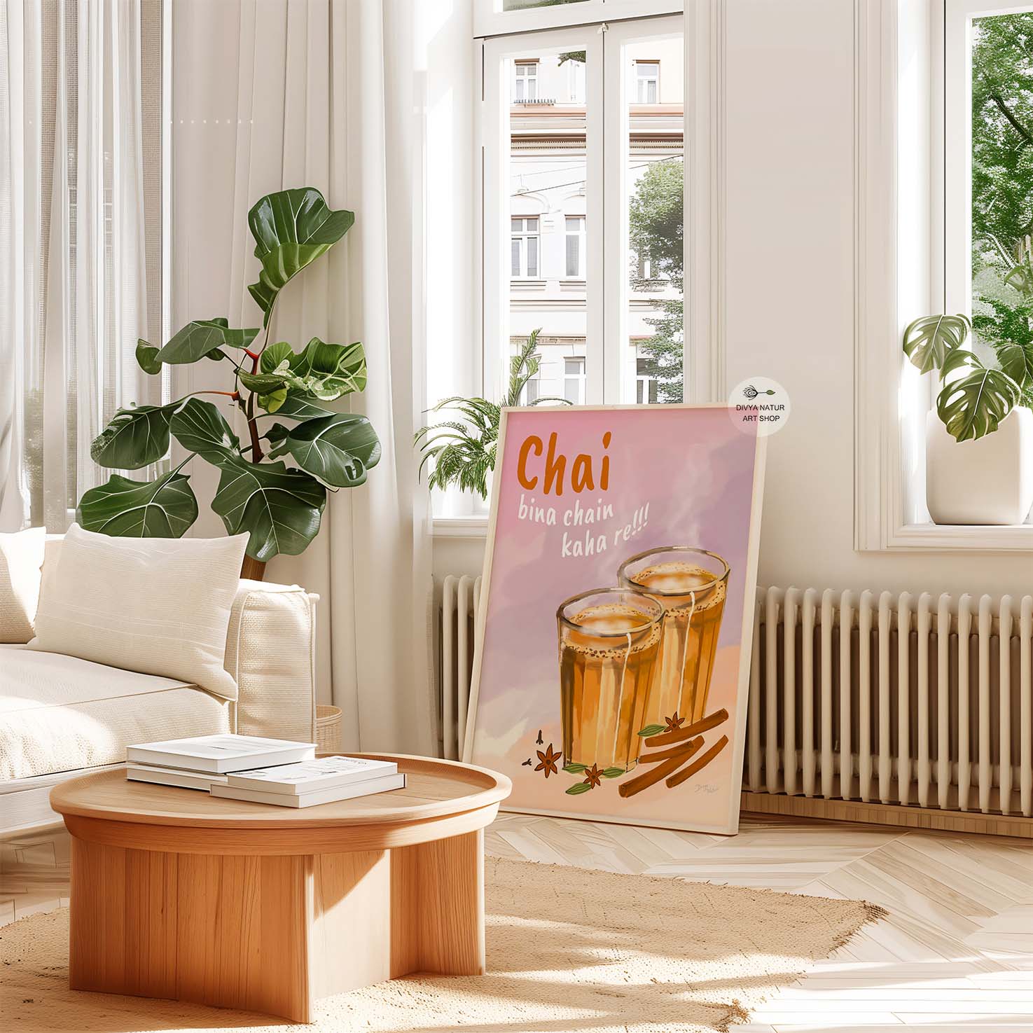 Indian tea artwork featuring masala chai glasses on a warm pink background.