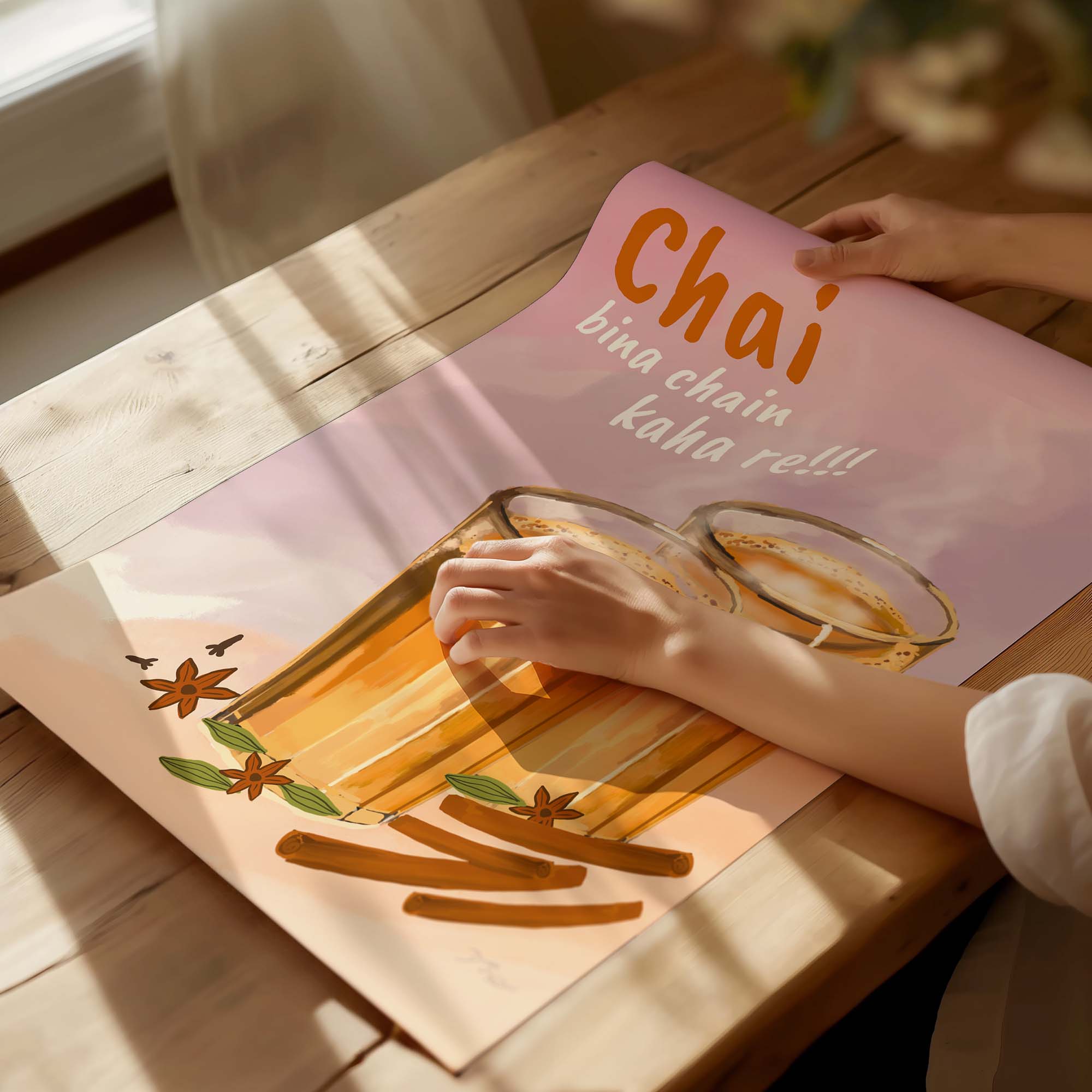 Hand-illustrated Indian chai poster with spices and steaming tea glasses.