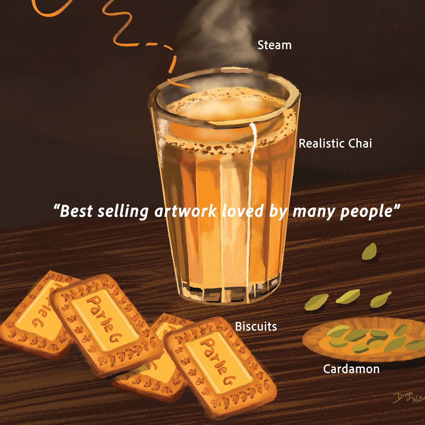 Glass of realistic chai with biscuits and cardamom on a wooden surface, labeled with ingredients and text.