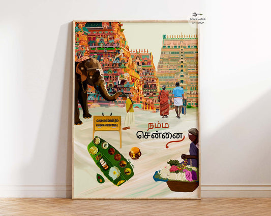 Vertical Namma Chennai fine art print featuring temple gopurams and Tamil cultural scenes.