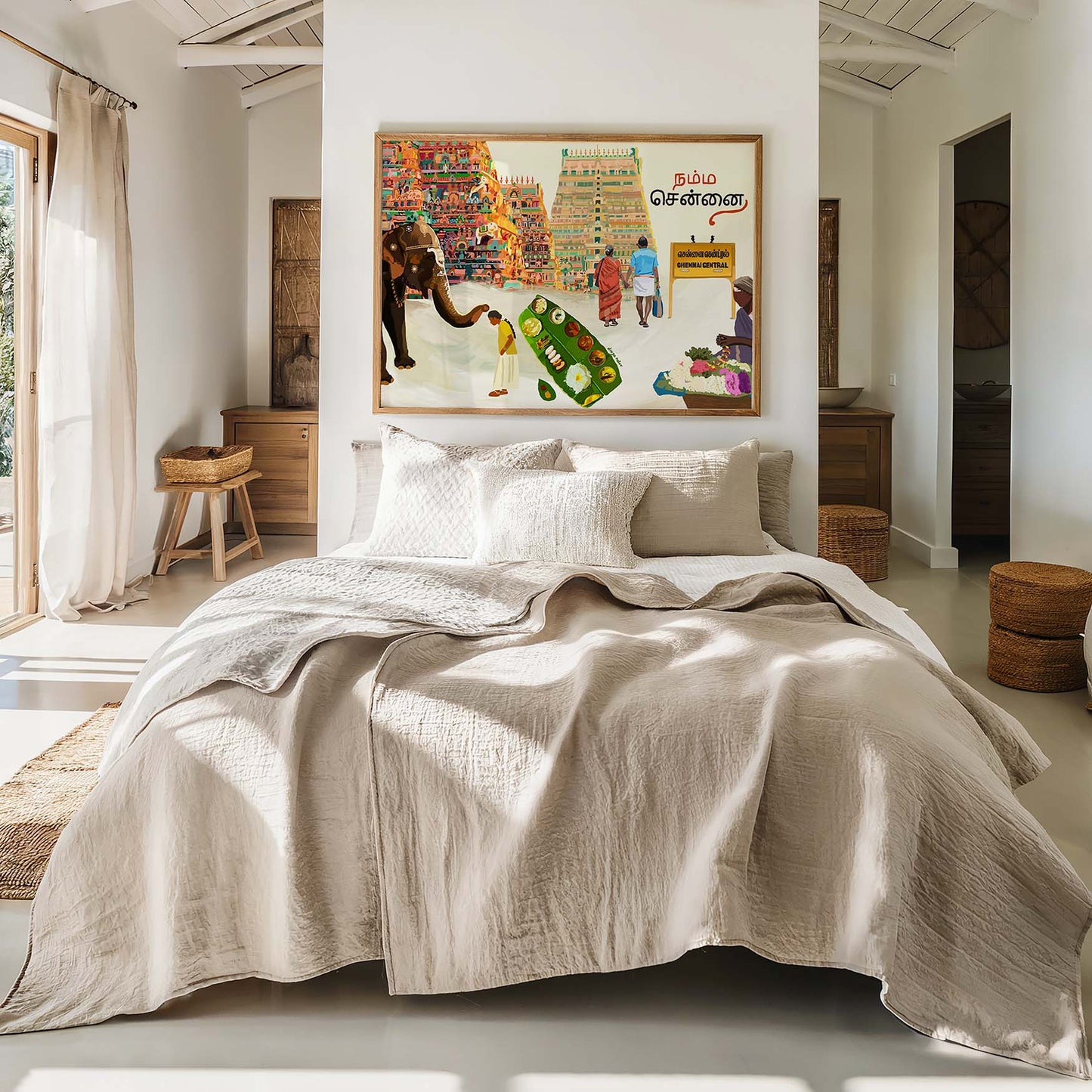 Vibrant Chennai fine art print celebrating Tamil heritage with gopurams, blossoms, and everyday market life.