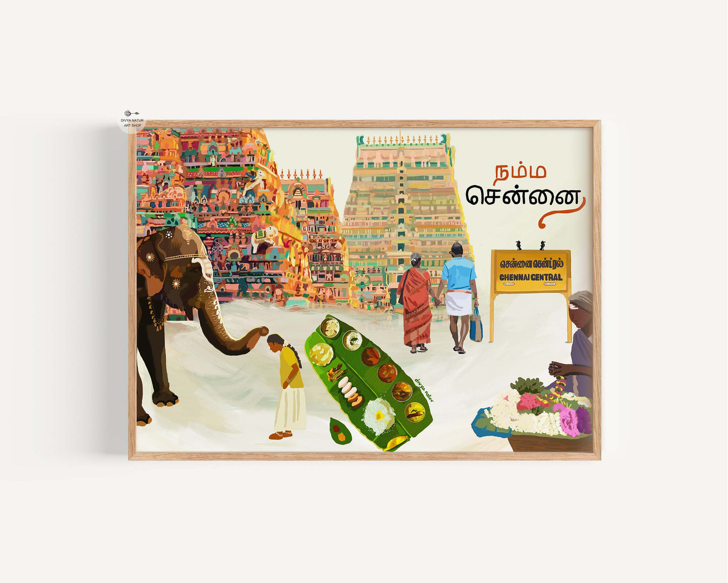Namma Chennai city art featuring temple gopurams, elephant blessing, and Tamil street life in warm tones.