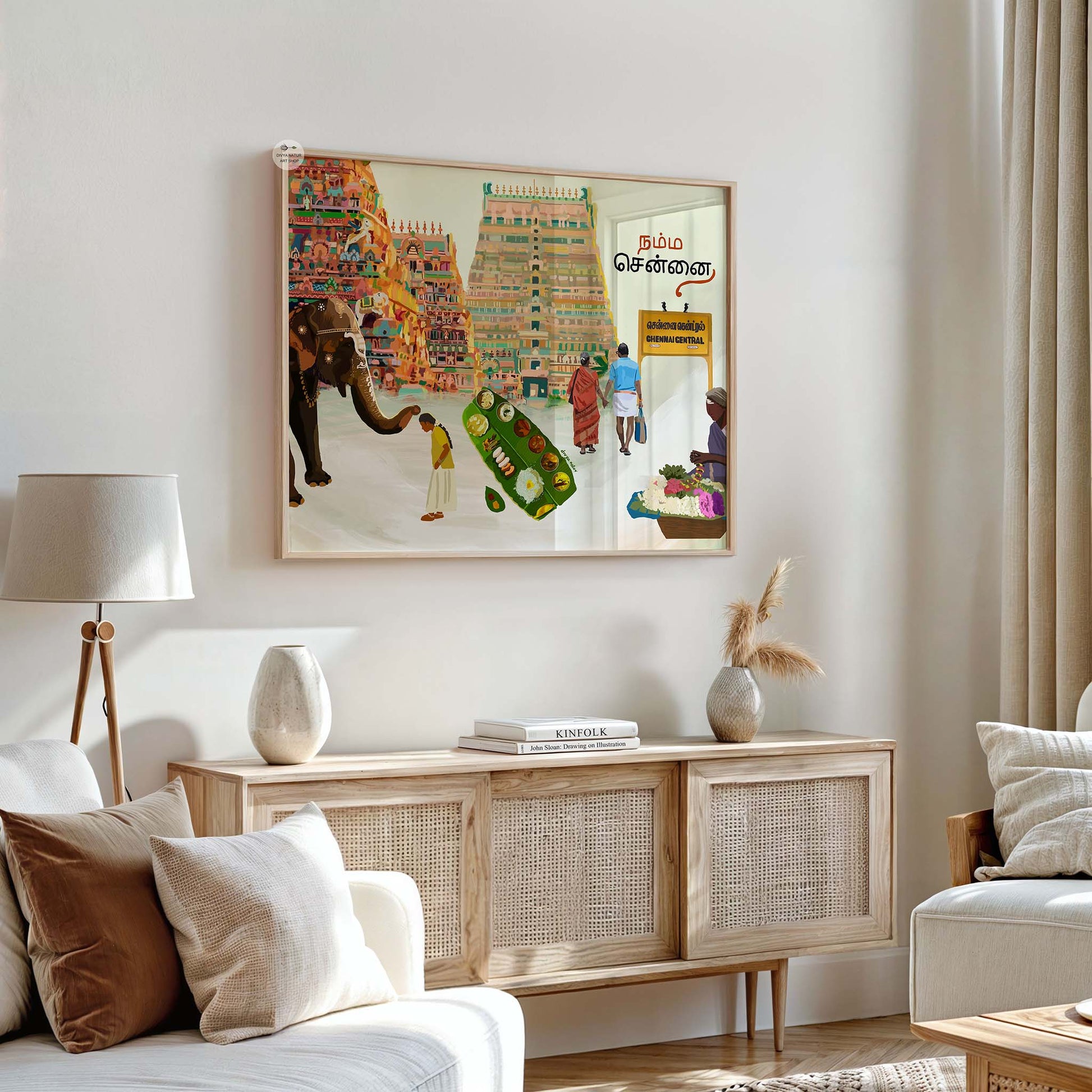 Chennai wall art with towering gopurams, Chennai Central sign, and a classic banana-leaf South Indian meal.