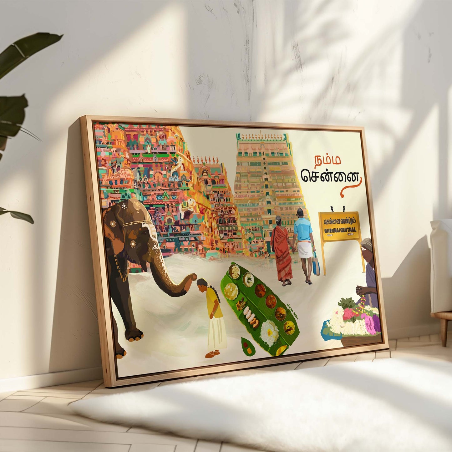 South Indian travel poster showing Chennai culture: flower bazaar, temple towers, and an elephant blessing.