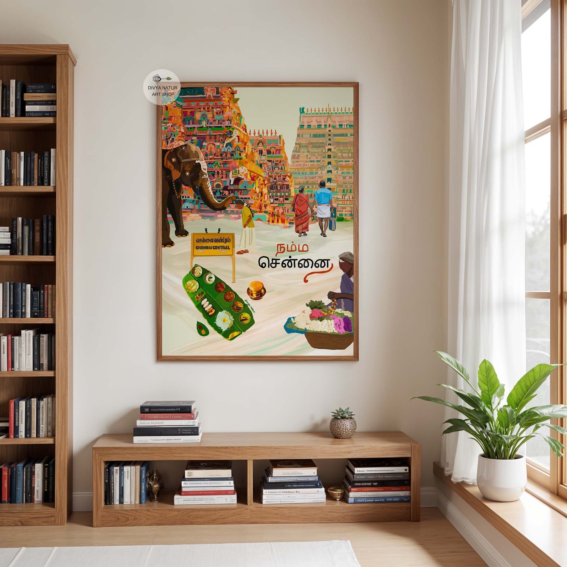 South Indian wall art with tall temple towers, elephant blessing, and Chennai Central board.