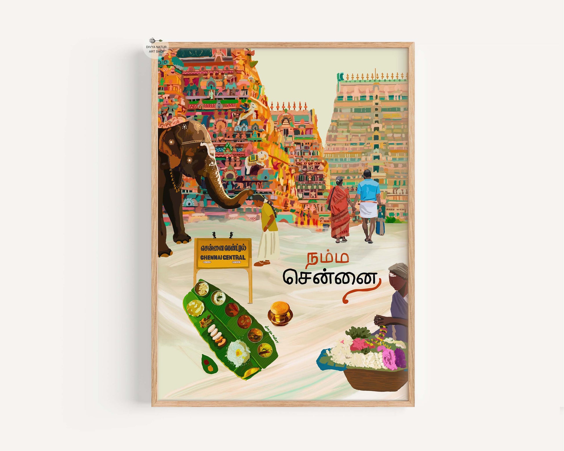 Vertical Chennai city artwork capturing Tamil heritage, devotion, and local traditions.