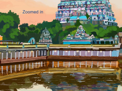 Peaceful temple painting showing Dravidian gopuram and warm evening colors