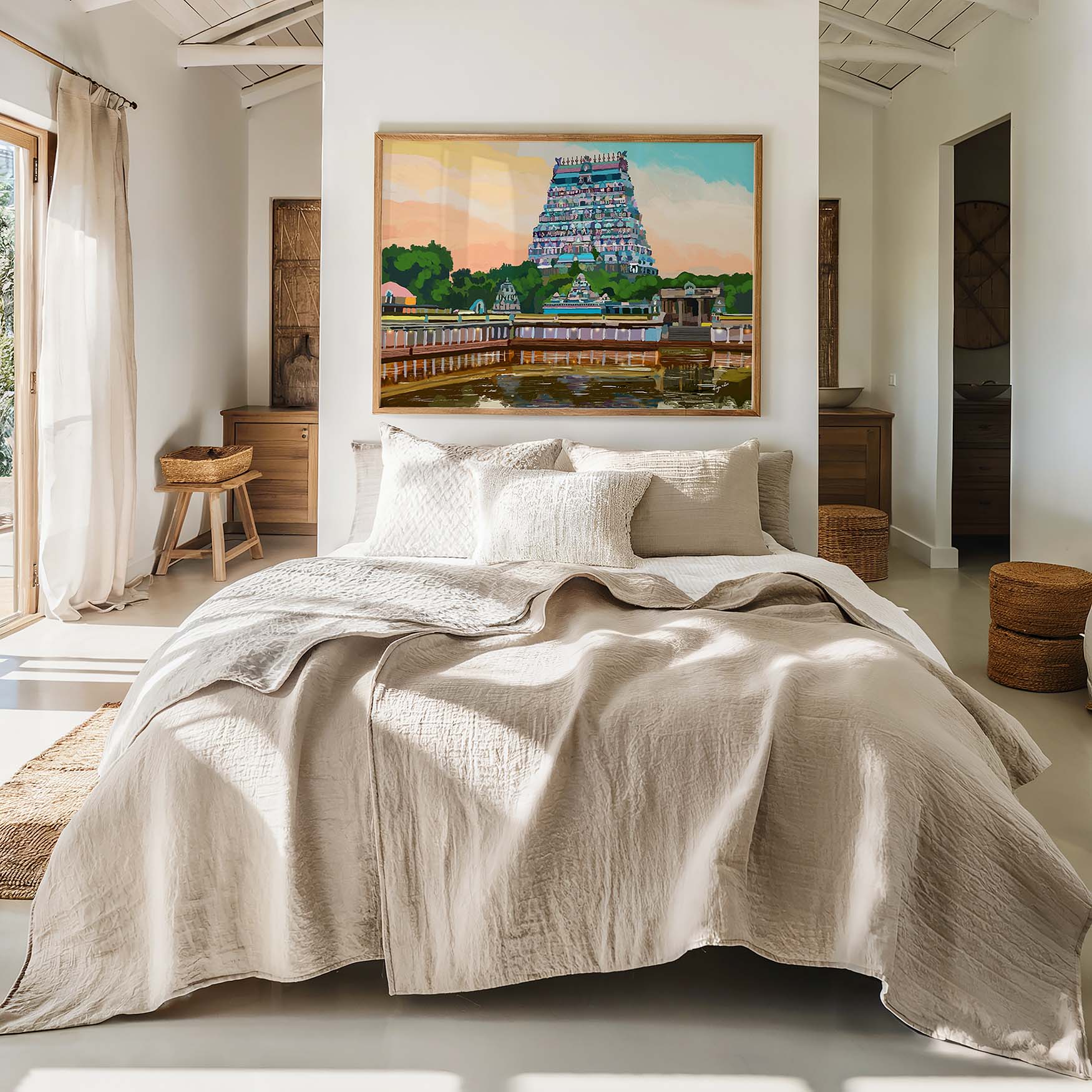 Serene sunset temple wall decor with soft coral sky and tranquil reflections