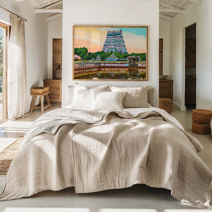 Serene sunset temple wall decor with soft coral sky and tranquil reflections