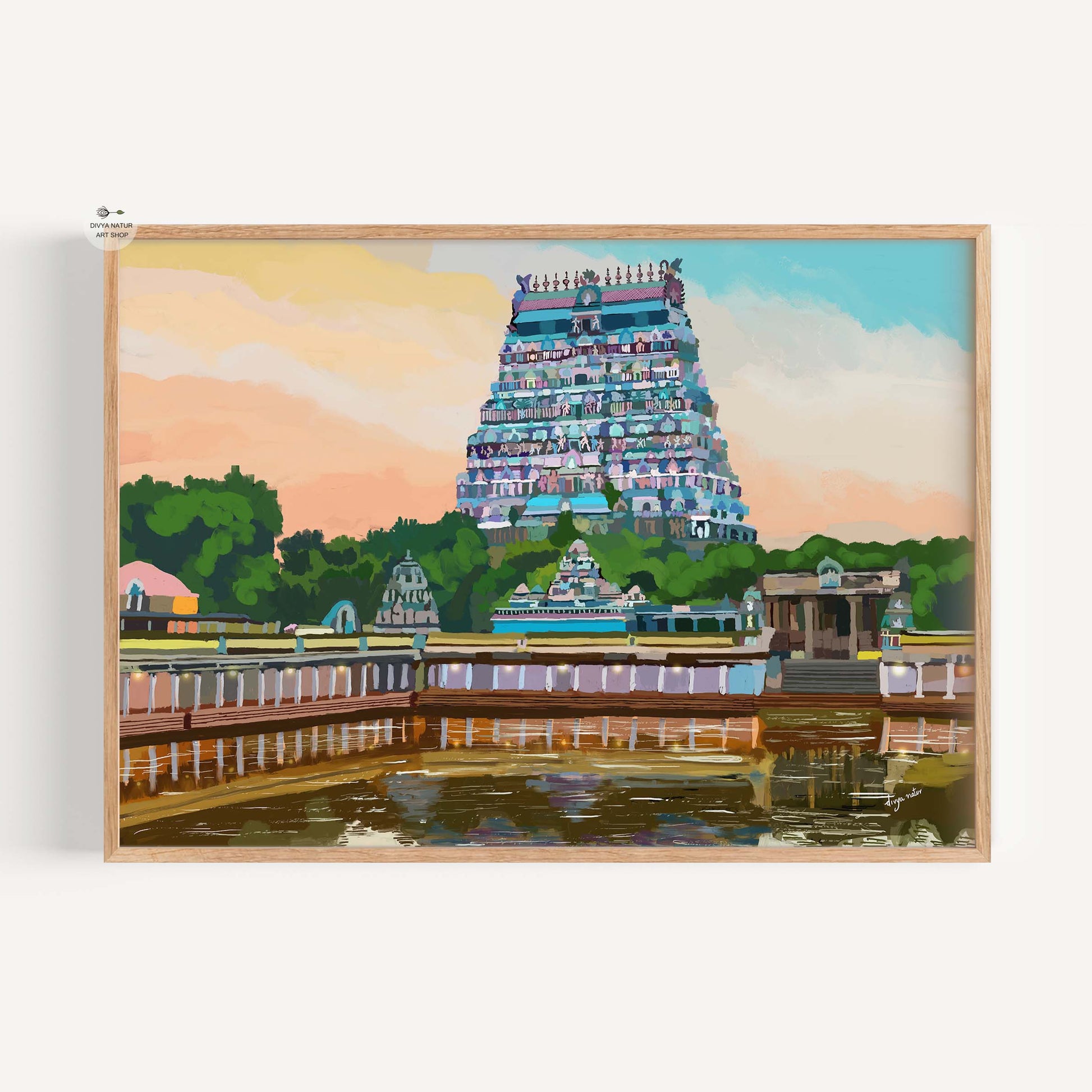 Chidambaram temple gopuram wall art print with soft dusk sky and water reflection